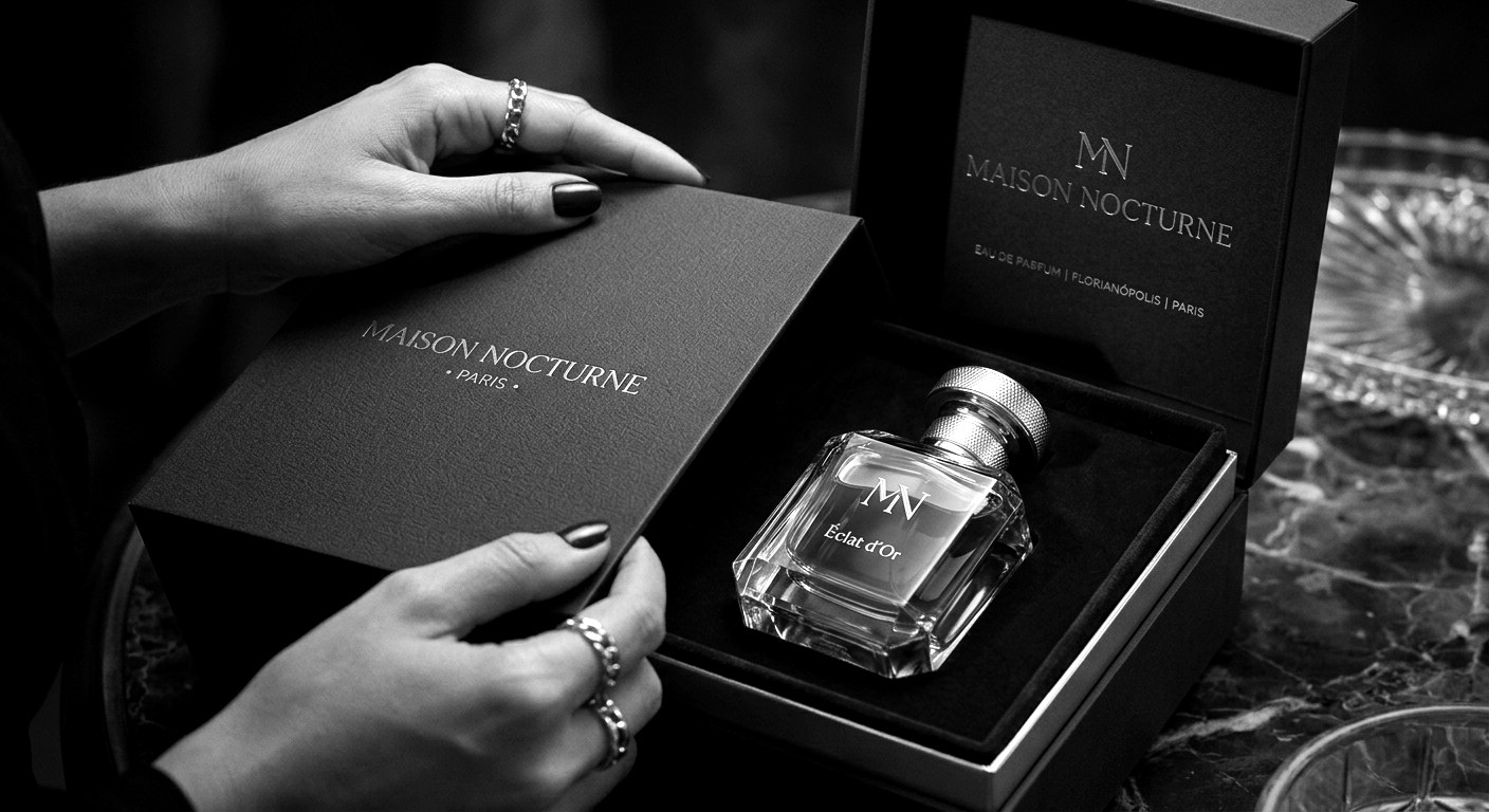 Mãos abrindo a caixa de um perfume, em preto e branco